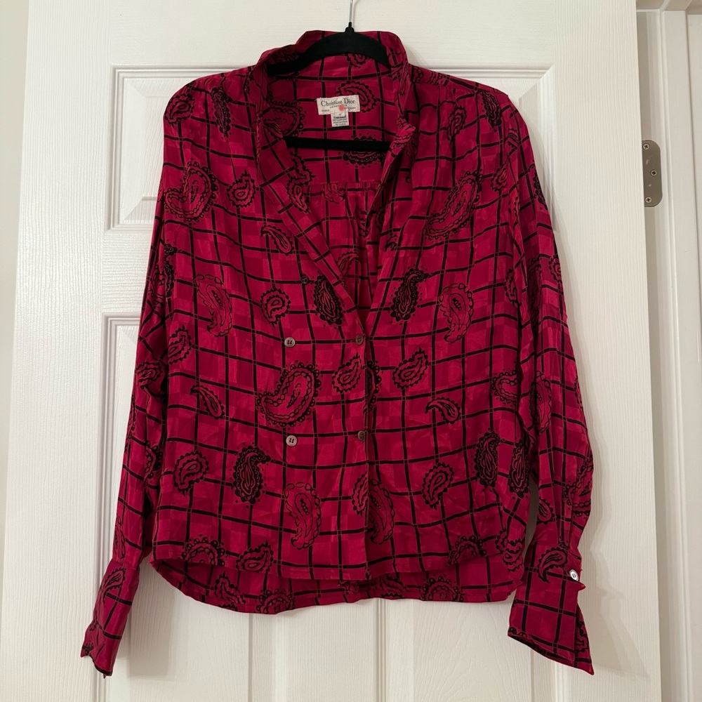Vintage Christian Dior Red Paisley Silk Button-Down Shirt